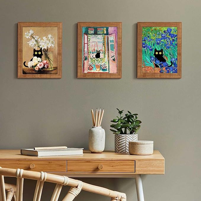 9Pcs Funny Black Cat Wall Art Cats in Famous Paintings Posters Prints Vintage Gallery Wall Decor Pictures Eclectic Cute Preppy Aesthetic Room Decor,Unframed