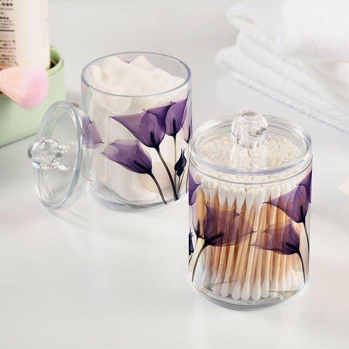 4 Pack Qtip Holder Dispenser Purple Tulip Lily Flower Cotton Ball Swab Round Pads Floss Clear Bathroom Storage Containers Plastic Apothecary Jars with Lids