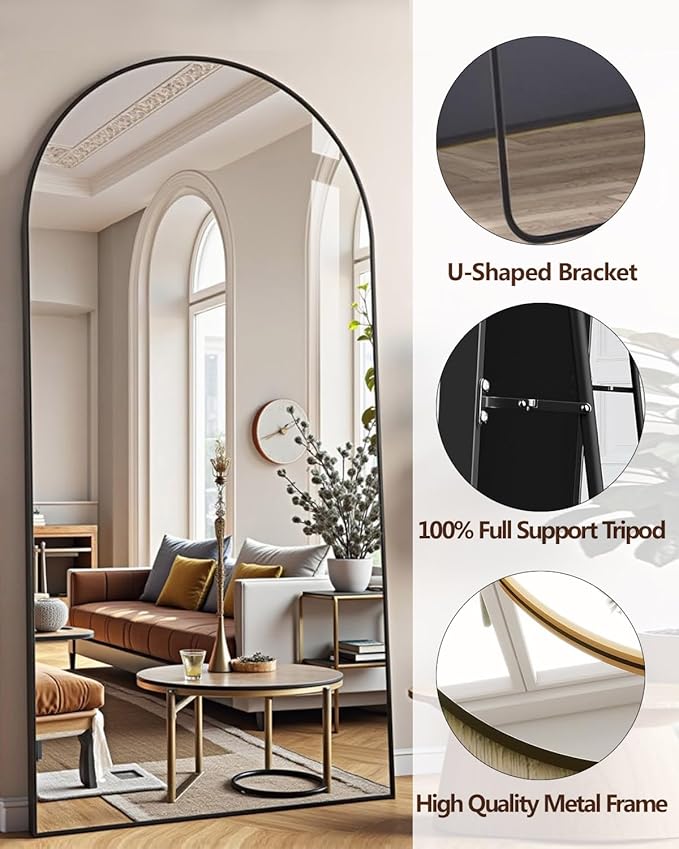 DMWOODFL 81"x41" Black Arched Full Length Mirror - Extra Large Floor/Wall Mounted, Shatterproof Glass & Aluminum Frame with Stand for Bedroom, Living Room, Entryway