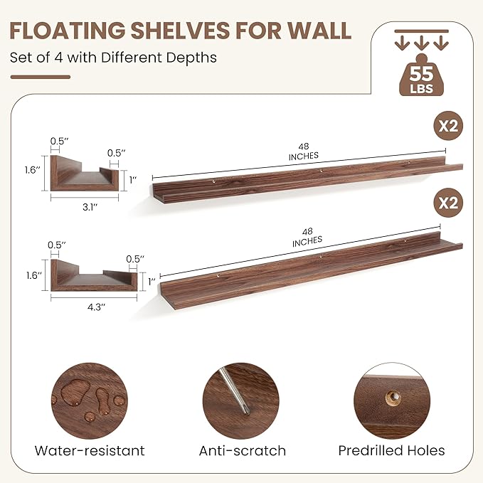 Fun Memories Picture Ledge Shelf, Floating Shelves Set of 4, 48 Inch Picture Shelves for Wall with Ledge, Large Nursery Book Shelf for Toys Storage, Living Room, Bedroom Decor Frames, Walnut