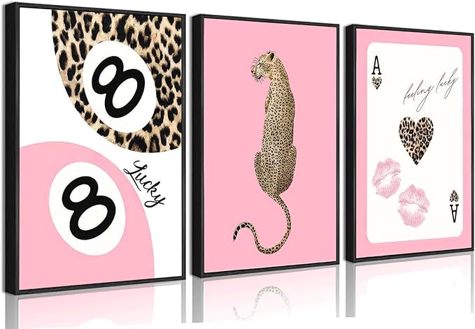 YZLYAD 3Pcs Trendy Pink Leopard Wall Art,Bow Cherry Lips Print Canvas Poster Pictures,Y2k Stylish Preppy Aesthetics Wall Decor for Girls' Rooms Bedroom Dorm Apartment.12x16in Unframed