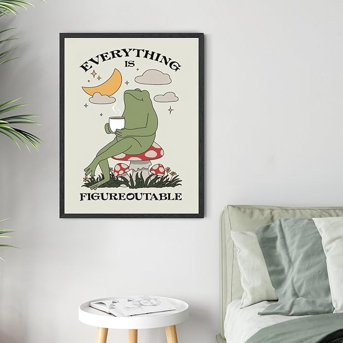 Licpach Cute Frog Wall Art Everything Is Figureoutable Quote Poster Motivational Wall Decor Canvas Print Inspirational Painting for Office Living Room Positive Mindset Picture 12x16inch Black Frame