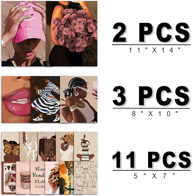 ANERZA 16 PCS Black Girl Wall Art Decor, African American Gallery Wall Prints for Bedroom, Black Woman Posters for Living Room Aesthetic, Black People Collage Kit Pictures, Pink and Black Dorm Home Decor