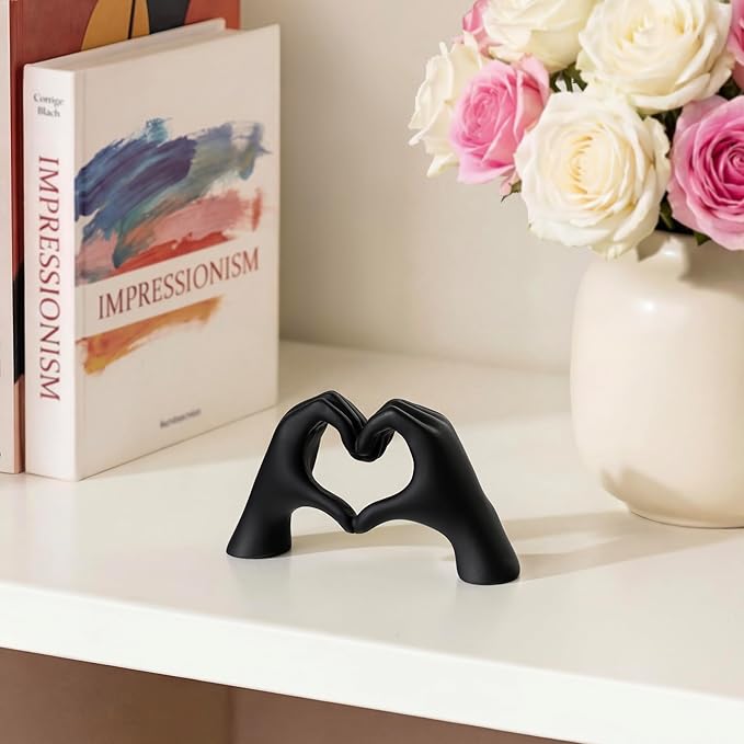 Gold Decor Living Room – Mini Small Heart Hands Sculpture – Shelf Decor Aesthetic – Cute Home Accent Table & Shelves – Love Statue - Gifts Girlfriend, Wife, Women, Teen Girls, Valentine (Black, Mini)