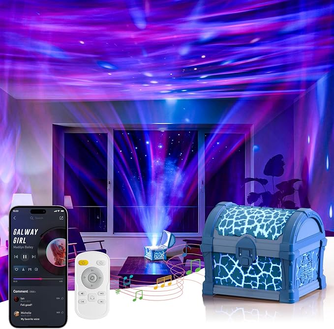 Northern Light Galaxy Projector Treasure Chest Projection – Aurora Projectior with White Noise and Bluetooth Speaker, Night Light Boy Room Decor, Gift for Kids Teen (Blue)