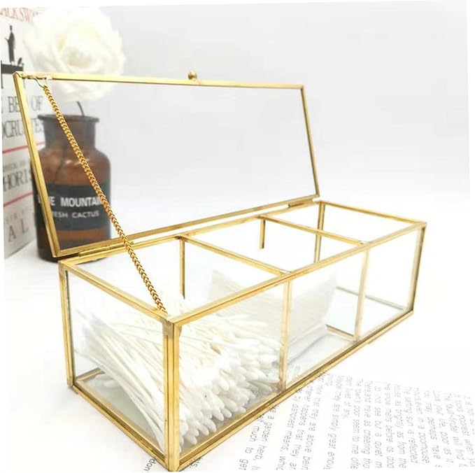 Gold Jewelry Box Gold Makeup Organizer, 3 Compartment Transparent Glass Box, 9.1x3.5x2.8 Inch Jewelry with Lid for Dresser Desktop