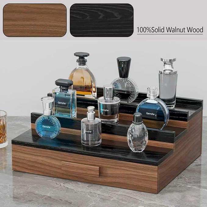 Solid Walnut Cologne Organizer for Men,Cologne Stand,3 Tier Wooden Cologne Holder Shelf Display,Perfume Stand Organizer with Drawer Storage and Hidden Compartment,Gift for Men Dad Husband