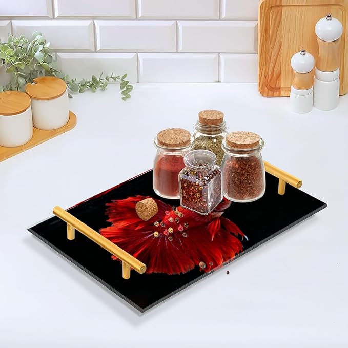 Red Betta Fish Decorative Acrylic Bar Tray with Handles Tray with Gold Handles for Jewelry Perfume for Restaurant Serving bandejas para desayuno personalizado