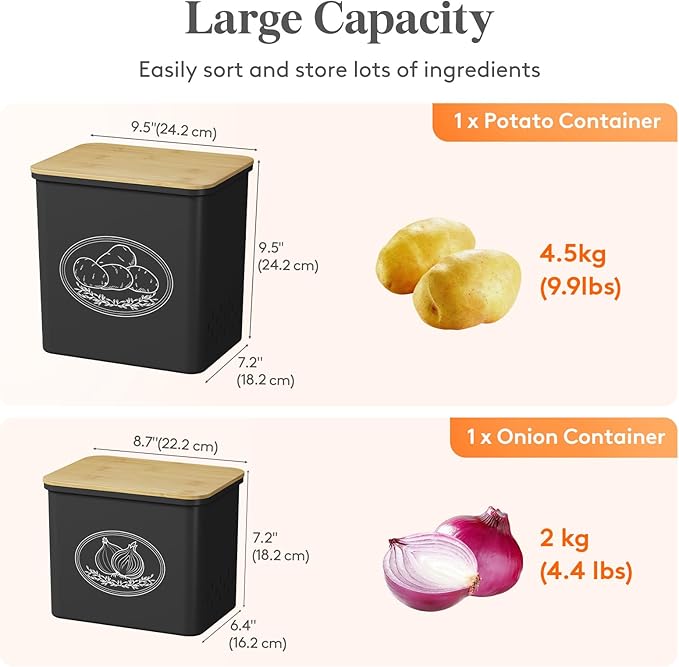 Lifewit Potato and Onion Storage Bin, Stackable Garlic Keeper with Aerating Holes and Lid, Plastic Vegetable Container Box for Pantry Countertop, Black, 24 x 18 x 24 cm/9.5 x 7 x 9.5 inch, Set of 2