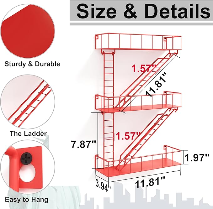 Red Metal Fire Escape Wall Shelf, Unique Decorative Shelves for Wall, New York Shelf Ladder Storage, Funky Knick Knack Shelf Organizer, Industrial Wall Shelves for Bathroom, Living Room