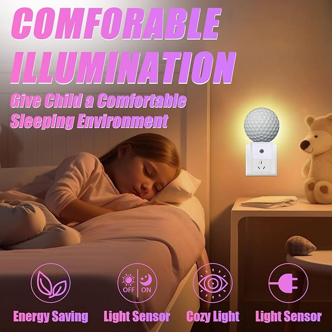 Golf Ball Night Light Sport Ball Night Lights LED Lamp Round Plug into Wall Nightlight with Dusk to Dawn Sensor Home Hallway Stairway Kitchen Decor