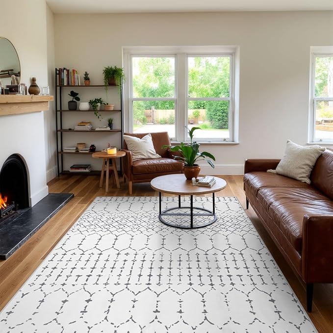 Lahome Moroccan 9x12 Washable Area Rug - Non-Slip Washable Ultra-Thin Soft Large Rug for Living Room, Modern Geometric Print Stain Resistant Carpet for Bedroom Dining Room Hana, White