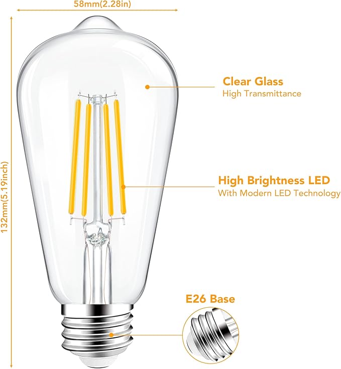PARTPHONER LED Light Bulbs Dimmable Vintage Edison Bulb, E26 LED Bulb 60W Equivalent 720 Lumens, Amber Warm 2200K, ST58 Antique LED Filament Bulb CRI 85+, Clear Glass, Pack of 4