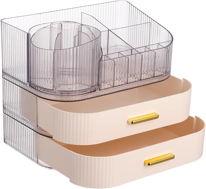Makeup Organizer, 3 Tiers With Drawers, 360° Rotating Brush Holder, Large Capacity Cosmetic Storage With Clear Top Slots, For Skincare Perfume Lipstick Jewelry