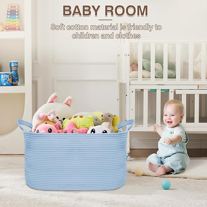 YOUDENOVA Nursery Storage Basket，21.6''×14.9''×11.8'' Rectangle Cotton Rope Blanket Basket, Nursery Laundry Hamper for Organizing，Toy Basket for Living Room, Bedroom