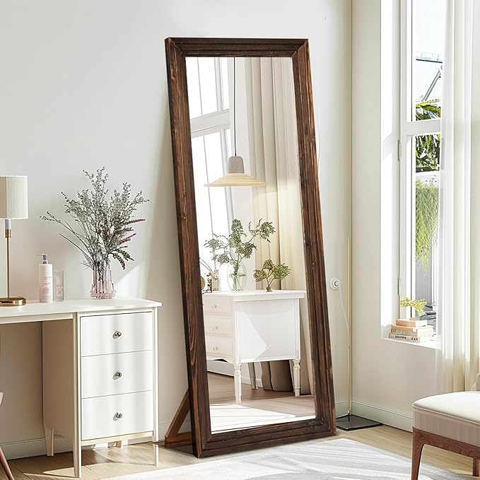 65"x22" Full Length Mirror Solid Wood Frame Floor Mirror with Stand for Living Room, Bedroom Hanging Standing or Leaning, Brown