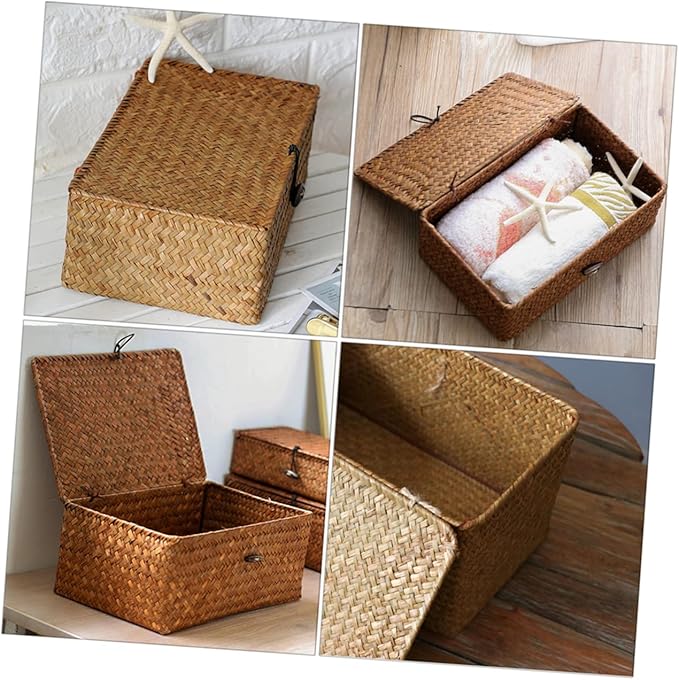 Luxshiny Handmade Seaweed Storage Box Woven Basket Makeup Organizers Storage Natural Decor