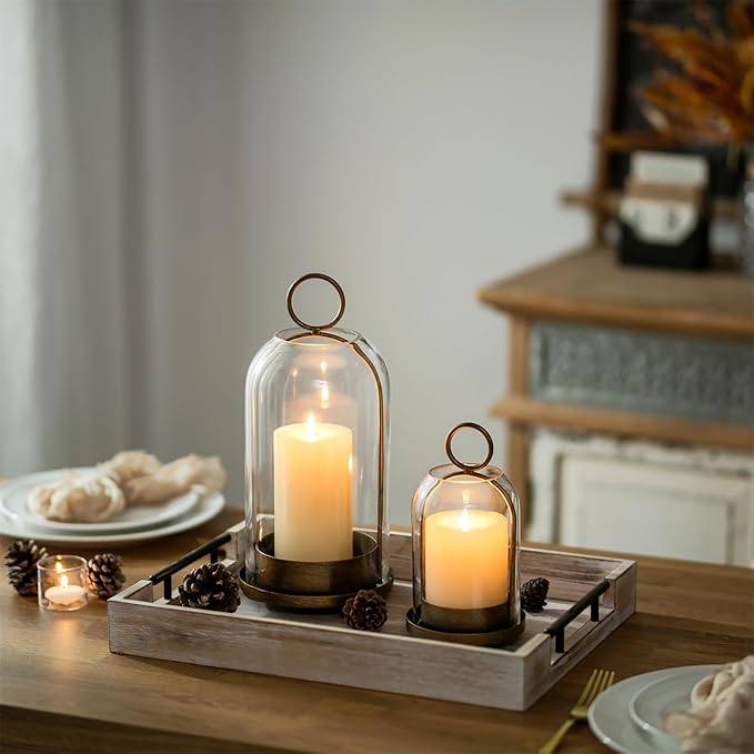 Sziqiqi Hurricane Candle Holder Lanterns: Pillar Candle Holders Set of 2 for Outdoor - Antique Brass Metal Candleholder with Glass Dome for Living Room Table Centerpiece