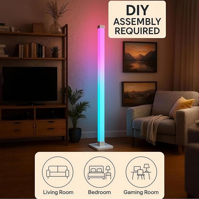 Flupuro ICRGB Corner Floor Lamp, DIY Floor Lamp with Music Sync and 16 Million Colors, Color Changing Standing Floor LED Lights for Bedroom Living Room Decor, Ambient Mood Lighting Gaming Accessories