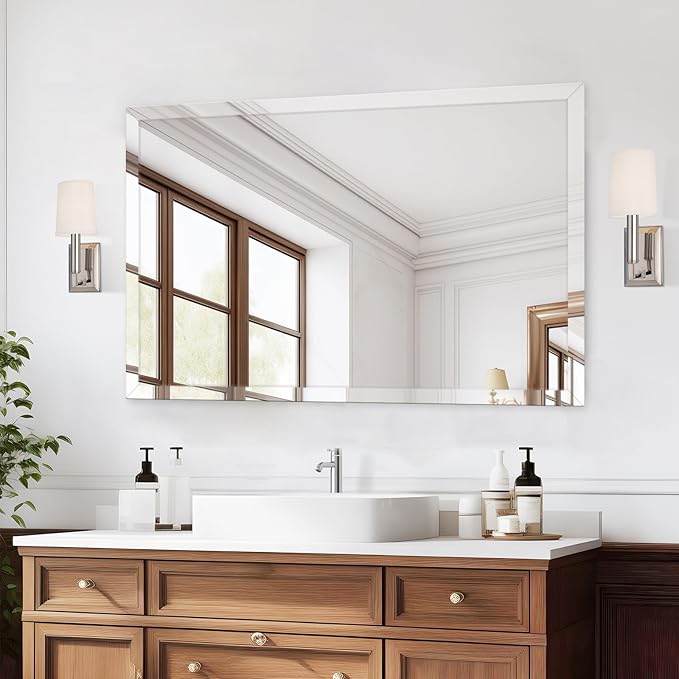 40x30 Inch Rectangle Frameless Mirror, Beveled Bathroom Mirror, Frameless Wall Mirror with 1" Beveled Edge for Bathroom Vanity, Entryway, Living Room