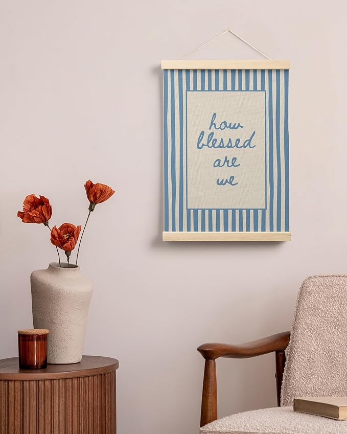 FGFK Trendy Blue Christian How Blessed Are We Wall Art Poster Hanger Frame, Retro Blue Striped Religious Bible Verse Canvas Prints Framed Wall Decor for Home Girls Room Bedroom, 12x16 Inch