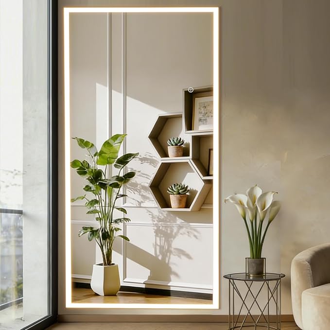 Full Length Mirror with Lights, 180x80cm Full Body Mirror with Light, Lighted Floor Mirror, LED Full Length Mirrors Wall Mounted Dimming & 3 Color Lighting for Bedroom, White