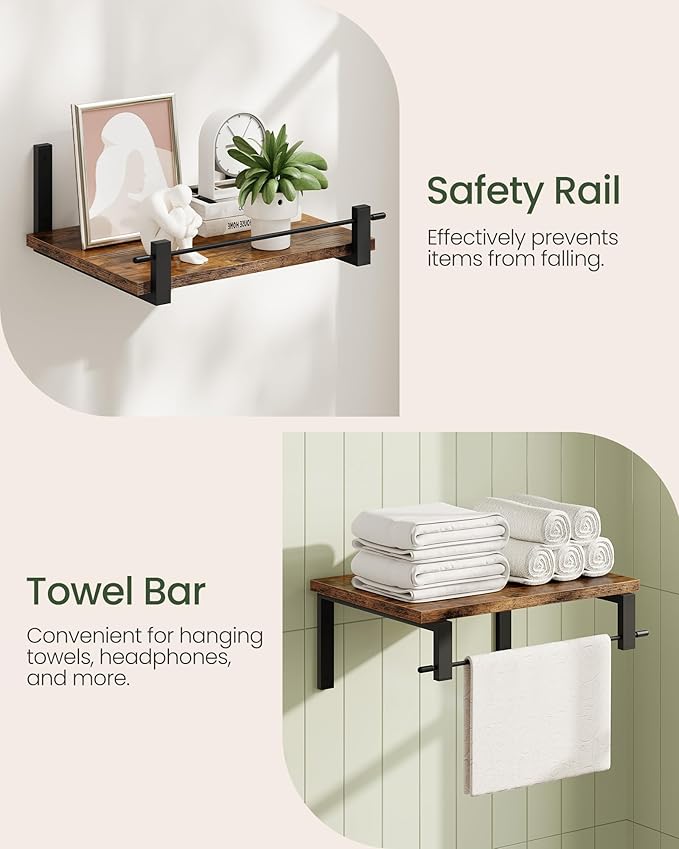 CHOEZON Deep Floating Shelves for Wall, 12 inch Wall Mounted Shelves Set of 2, Wide Floating Shelves for Living Room, Bedroom, Study, Bathroom, Rustic Brown and Black TBJ02P2BF