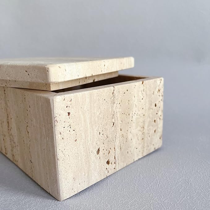 Natural Marble Ring Jewelry Box Cotton Swab Storage Box with Lid Storage Box (Travertine)
