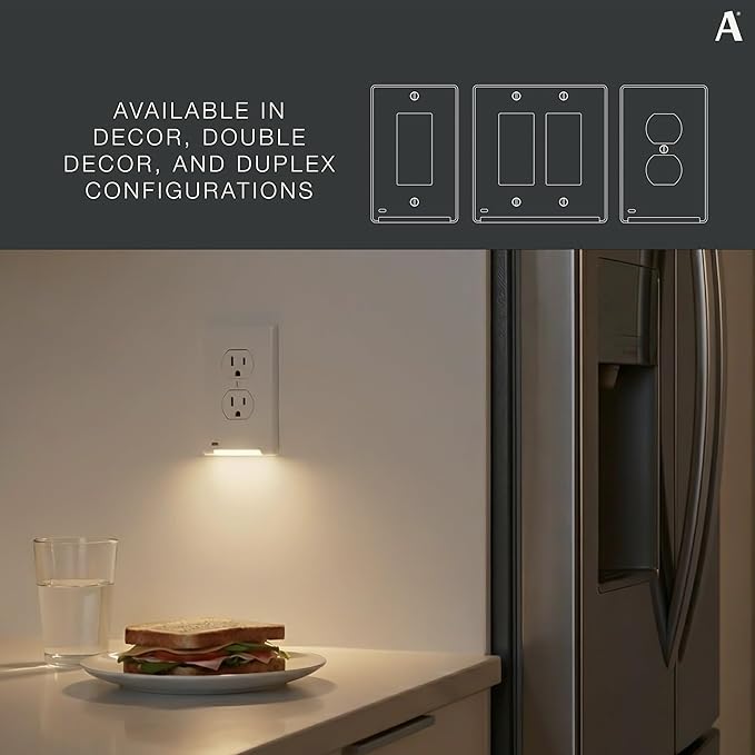 AMERELLE Universal LumiCover Wallplate with Built-In Night Light, Standard Duplex, White, 4-Pack - Easy DIY Installation, Convenient Low-Profile Design, for GFCI Outlets
