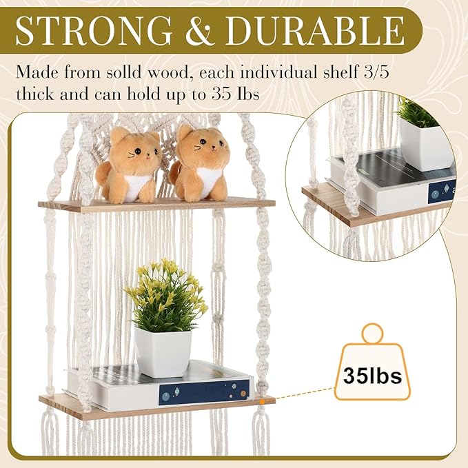 Barydat 2 Pack Macrame Wall Hanging Shelf 2 Tier Handmade Boho Hanging Wall Shelf Floating Woven Rope Decorative Storage Racks Holder Organizer for Home Bedroom Bathroom Plants, Beige (Elegant)