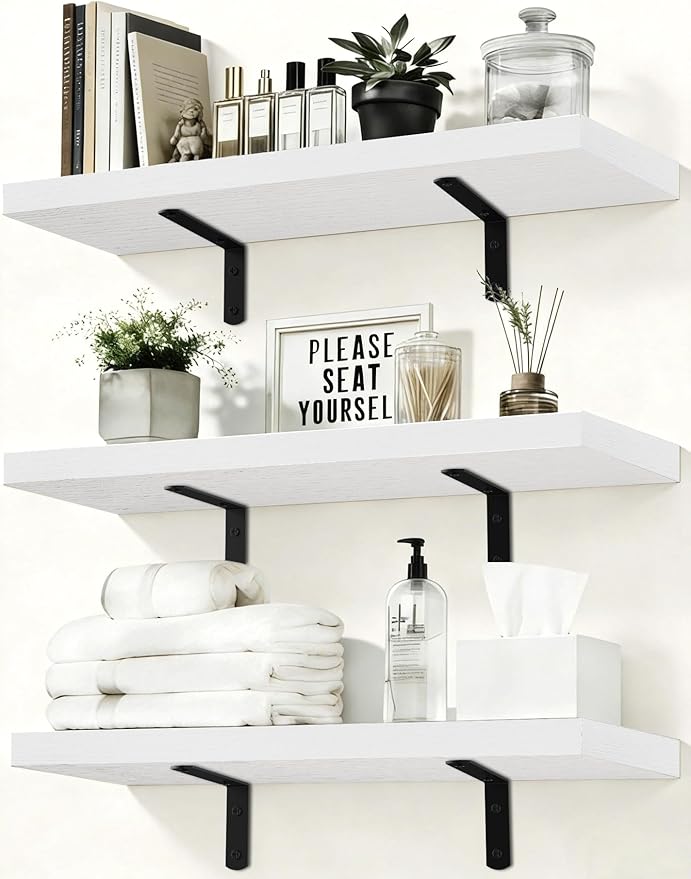 Easy Install Floating Shelves, 15.7 Inch Wall Mounted Wood Shelf,Hanging Shelf for Home Decor, Books and Storage, Small Organizer for Bedroom, Bathroom, Kitchen, Set of 3, White