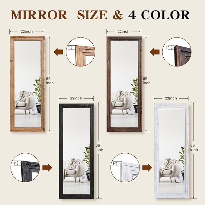 Full Length Mirror 65"x22" with Stand Solid Wood Frame Floor Large Mirror for Living Room, Bedroom Hanging Standing or Leaning Wall-Mounted, Light Brown