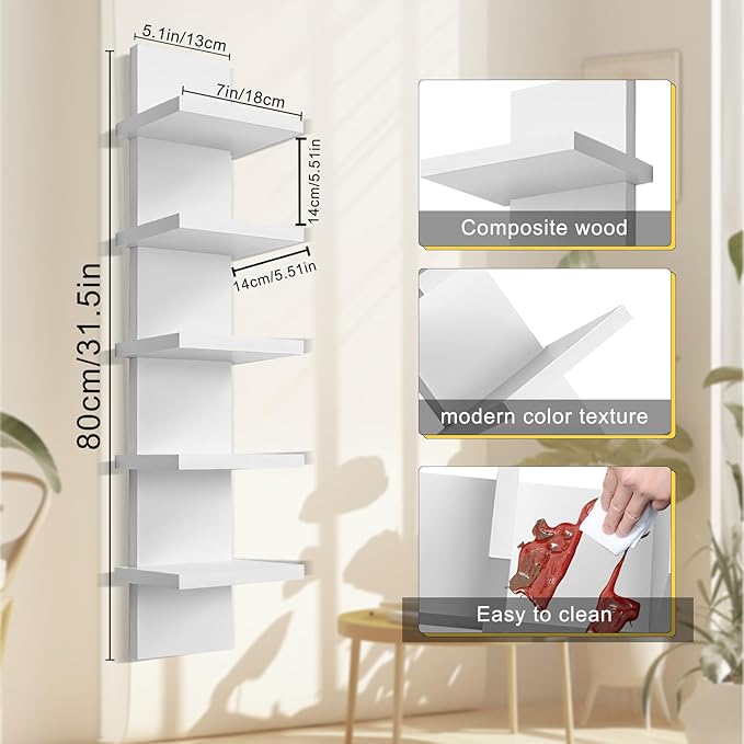 2 Pack 5 Tier Wall Shelf Unit - Narrow Smooth Laminate Finish - Vertical Column Wall Decor Mount Floating Storage Home Decor Organizer Tall Tower Utility Shelf for Bedrooms, Living Rooms(White)