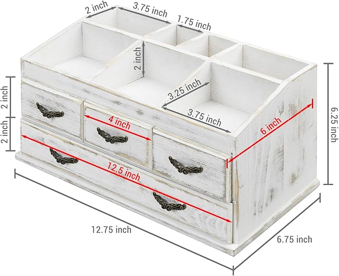 MyGift 7-Compartment Shabby Whitewashed Solid Wood Jewelry/Cosmetics Vanity Organizer Rack with 4 Vintage Storage Drawers