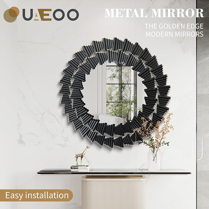 Wall Mirror Decorative, Black Mirrors for Wall Decor, Round Metal Wall Art Mirror, Large Wall Mirrors for Living Room,Bedroom, Bathroom, Entryway, 28 Inch