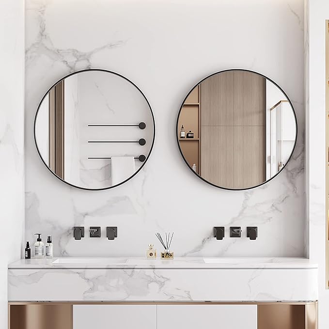 Itrue 24 Inch Round Wall Mirror, Brushed Black Metal Framed Circle Bathroom Mirror, Silver-Backed HD Tempered Glass Vanity Mirror for Over Sink, Living Room, Entryway, Hallway