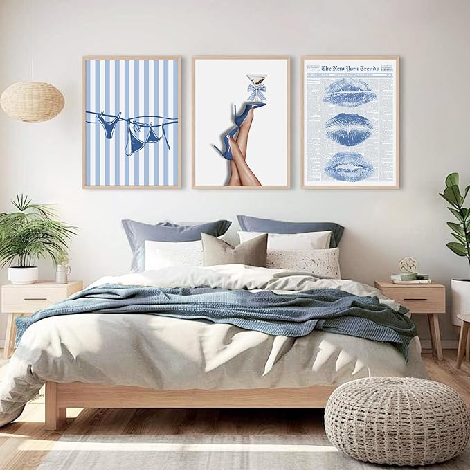 Blue Coquette Wall Art Decor Preppy Trendy Aesthetic Posters Funky Retro Y2k Canvas Wall Art Decor Blue Bow Bikini Lips Prints Girly Room Artwork for Dorm Bedroom 16x24 Inch Unframed Set of 3