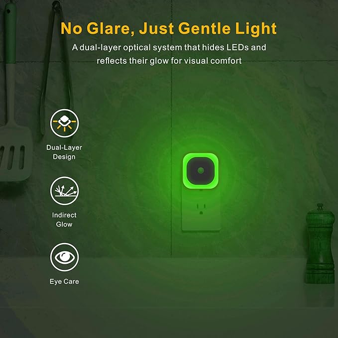 YUNLEX 2 Pack Plug in Night Light with Motion Sensor & Dusk to Dawn Sensor, 3 Sensor Modes, Auto ON/Off, Owl Mode for Steady Low Light, Dimmable, Calming Green LED for Home Office, Hallway, Bathroom