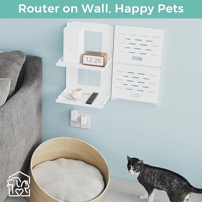 2-Tier Router Shelf Wall Mount Foldable - 10 inch Metal Outlet Shelf w/Cable Holes | Dual-Layer Organize & Connect for Router and Modem & Smart Home Decor | Folds Up & Stackable (Medium)