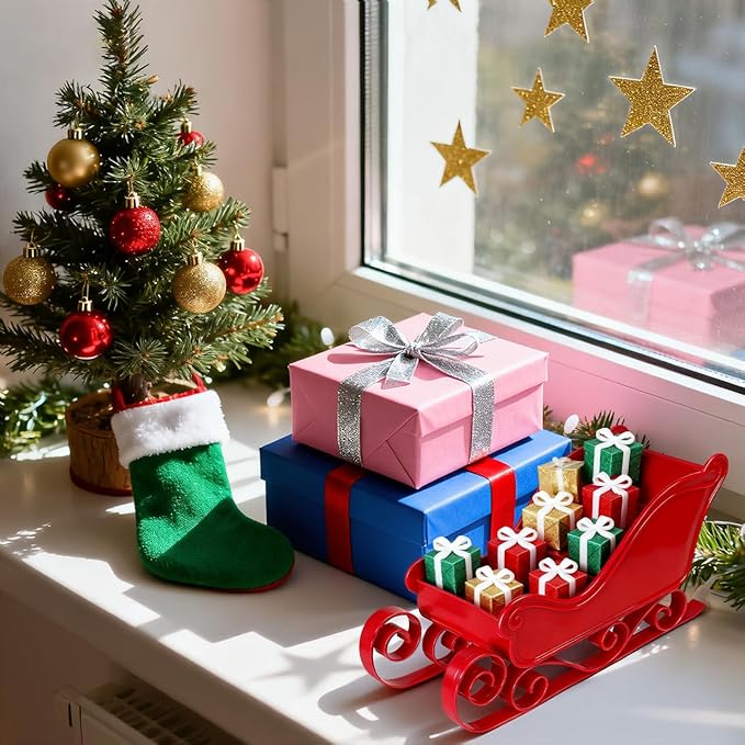 DOITOOL Mini Santa Sleigh Ornament Christmas Candy Bowl Christmas Sleigh for Xmas Tree Holiday Party Photo Prop Table Decor 9.8 x 4.7 x 4.1 Inch
