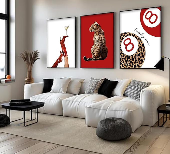 3Pcs Trendy Leopard Wall Art Preppy Funky Red Boot Martini 8 Ball Wall Decor Pictures Vintage Feminism Aesthetic Cheetah Canvas Poster Prints for Girly Bedroom Apartment Dorm Decoration 12X16Unframed
