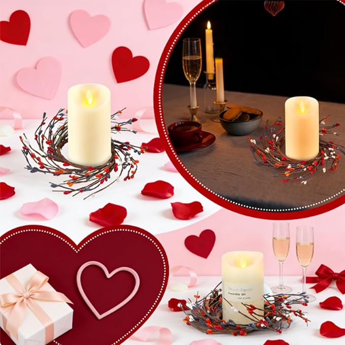 Daifunli 2 Pcs Valentine's Day Primitive Berry Candle Ring 3.9 Inch Rustic Farmhouse Red Berries Candle Ring Wreath for Pillar Candles Holder for Valentine Spring Table Centerpiece Decor