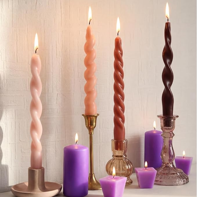 Nuanchu 4 Pcs Twisted Taper Candles Wax Unscented Smokeless Spiral Swirl Candlesticks for Wedding Holiday Dinner Party Home Decorations(7.87 Inch,Pure,Purple)