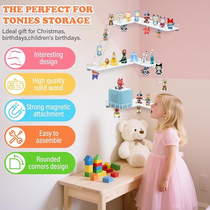 90° Ladder for Tonies Box Storage Wall Corner, Magnetic Floating Shelves Organizer for Tonie 1/2 Player Tonies Figures Characters, Display Collection 30~40 Characters (Iron)