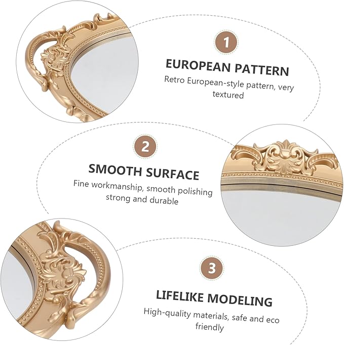 Lurrose Retro European Style Mirror Tray for Jewelry and Perfume Storage Elegant Decorative Oval Makeup Organizer Plate for Wedding Vanity Home Office Display
