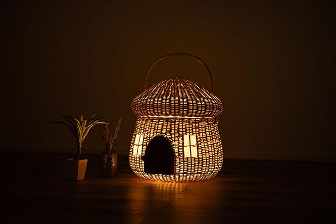 Mushroom Shaped Storage Basket, Extra Large Size, Natural, Rattan and Mindy Wood Door, D14"xW14"xH15" (36x36x38cm), Indirect Lighting Box, BLY-21NA