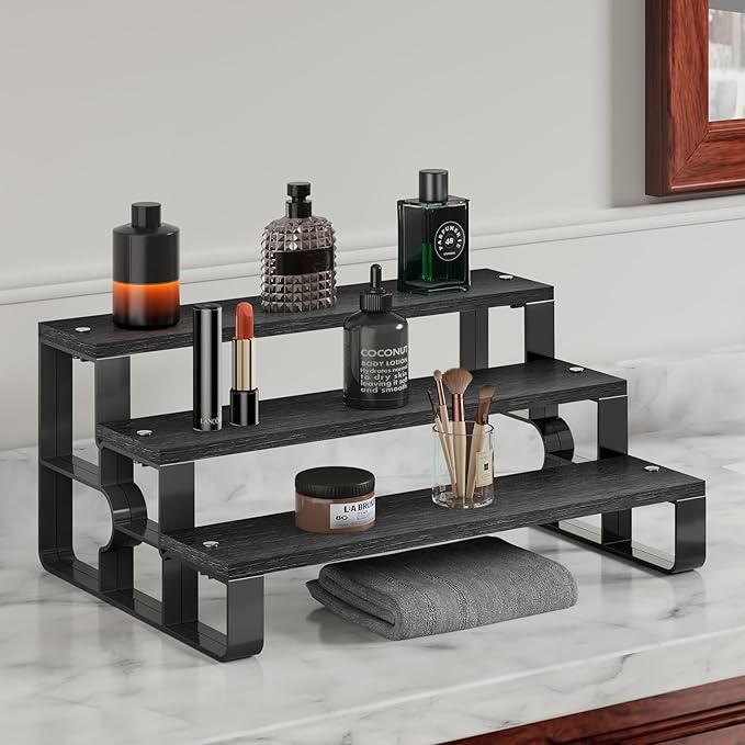 Wood Perfume Stand Organizer,3 Tier Black Cologne Organizer for Men,Fragrance Stand for Dresser,Bedroom,Bathroom,Cupcake(Width=14")