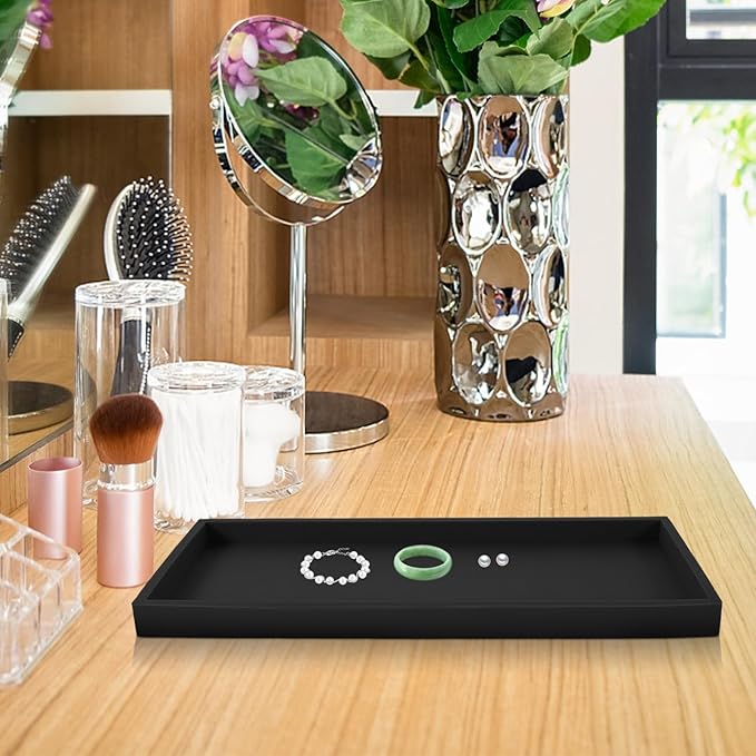 LALAFINA Silicone Vanity Tray Large Black for Bathroom Countertop Organizer, Decorative Tray for Makeup, Jewelry, Perfume, and Key Storage