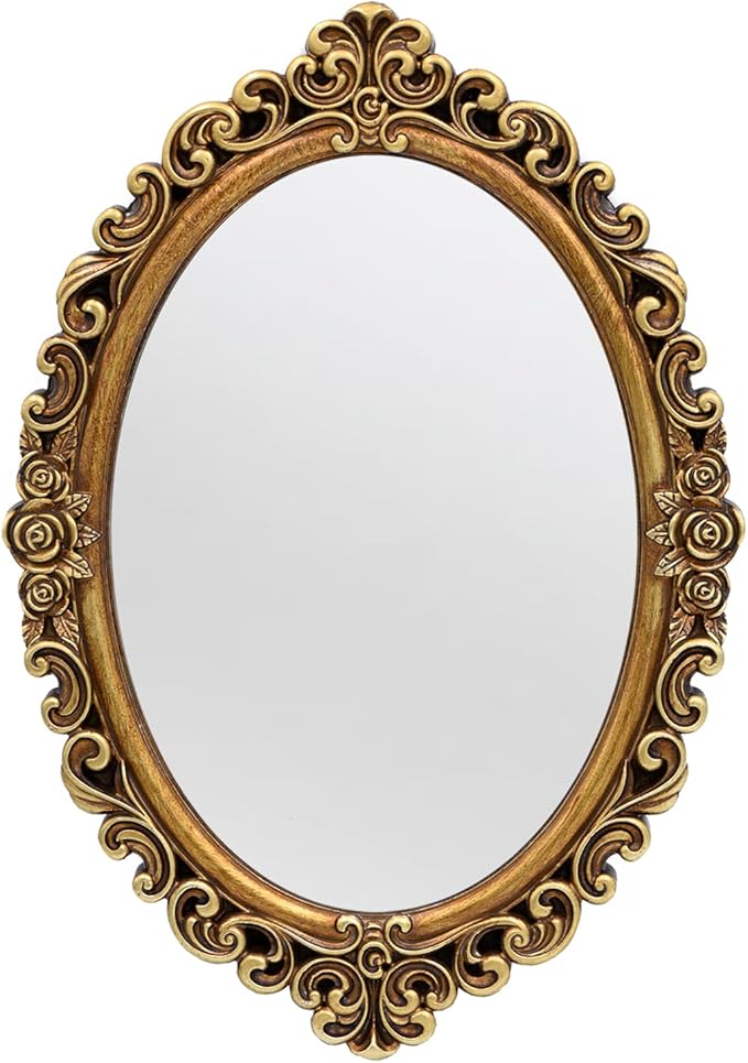 OIGUMR Small Oval Wall Mirror Resin Frame Size：15.7 x 11.2 inch.Vintage Hanging Mirrors for Bedroom Living-Room Dresser Decor Gold