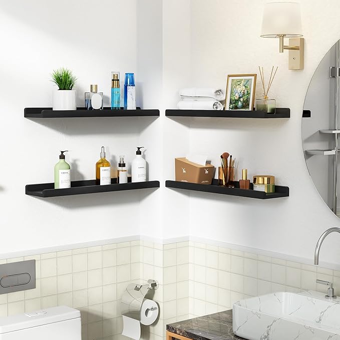 Love-KANKEI Black Long Floating Shelves for Wall 24 Inch Set of 4, Rustic Wall Shelves with Lip,Wood Hanging Shelves for Bedroom Bathroom Living Room Kitchen Nursery Display